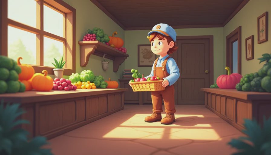 An in-game style illustration of a farmer cheerfully contributing items to the Stardew Valley Community Center bundles.