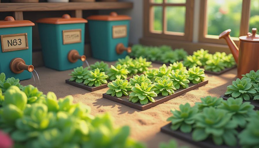 A close-up of a tidy farm corner in a cozy game, featuring neat crop rows, quality sprinklers, and organized storage chests.