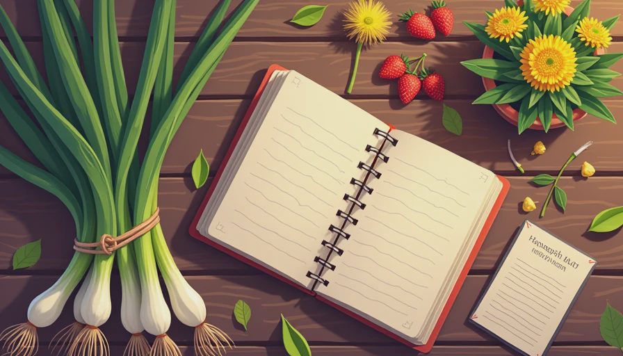 An organized flat lay of spring forage items, seeds, and a notebook summarizing the successful completion of week one.