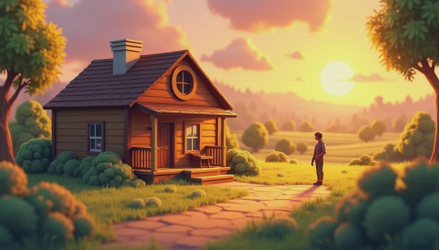 A warm, peaceful illustration of a cozy, well-established Sun Haven farm at sunset, reflecting comfortable and steady growth.