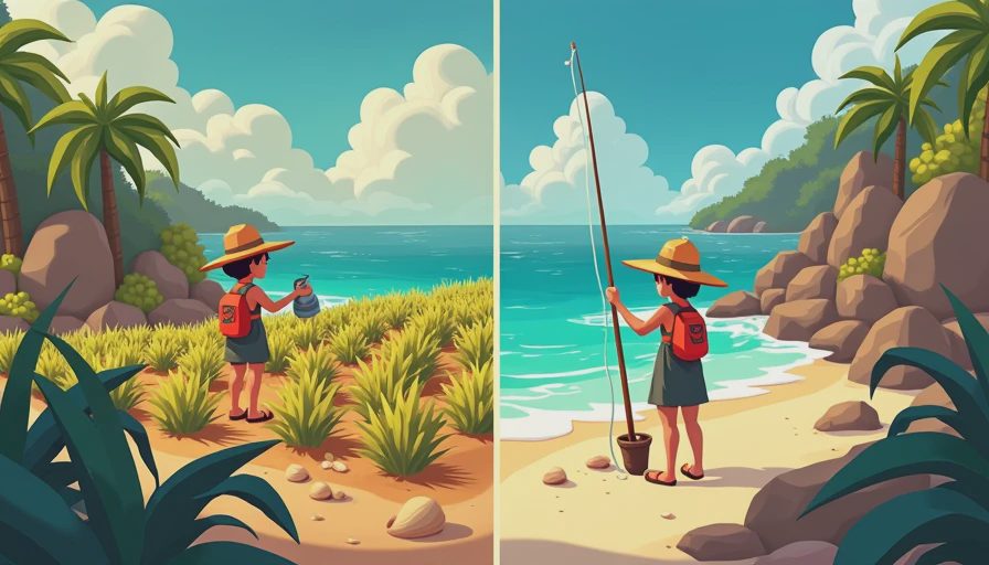 A cozy in-game collage of a balanced Coral Island day: a morning farm scene, an afternoon social moment by the beach, and a glimpse of diving gear.