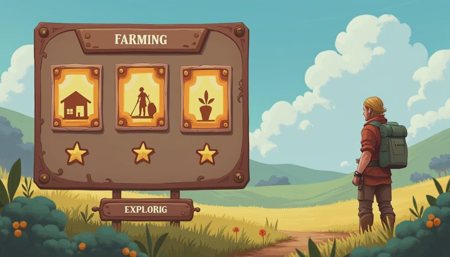 An in-game skill tree interface highlighting core farming and exploration skills with soft glowing upgrades for a smooth start.