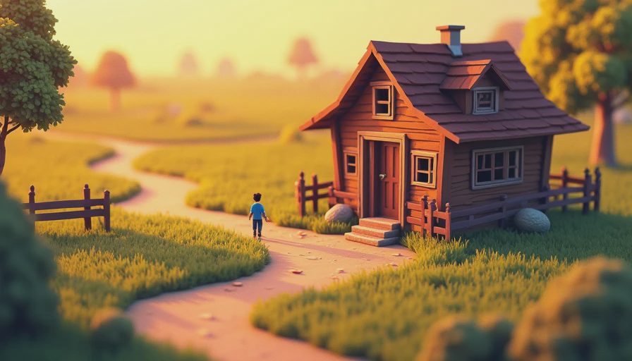 A warm, peaceful illustration of a well-organized, practical Stardew Valley farm at sunset, reflecting a smooth and stress-free gameplay rhythm.