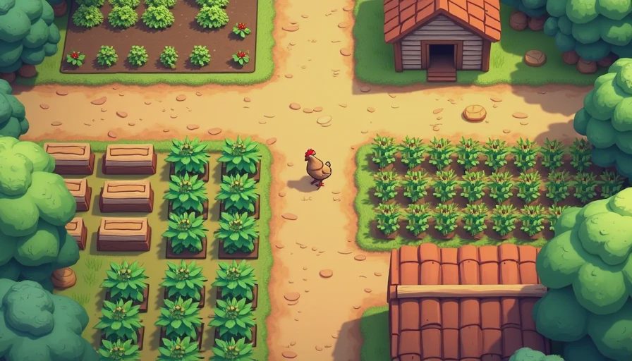 A clean, top-down illustrated farm path connecting crops and buildings to show a stable daily routine.