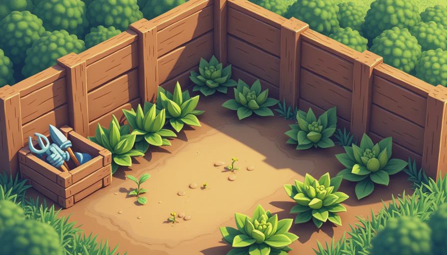 An in-game style illustration showing a well-organized, stable Sun Haven farm with tidy storage and healthy crops.