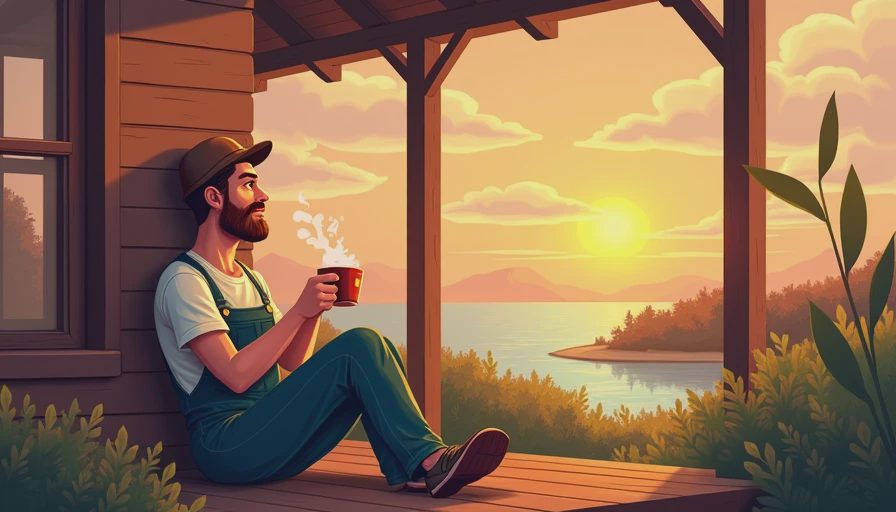 A relaxed farmer sitting on a porch watching a peaceful island sunset and holding a warm drink.