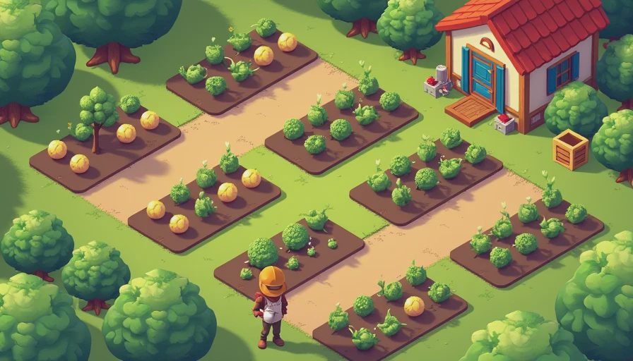 An in-game screenshot of an organized, small-scale Stardew Valley spring farm, showing neat rows of potato and cauliflower crops next to a tidy farmhouse, with the player character holding a watering can.