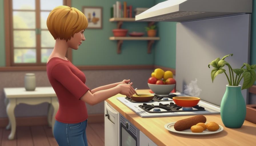 An in-game screenshot of a Sim happily cooking a simple breakfast in a clean, organized kitchen on a sunny morning.