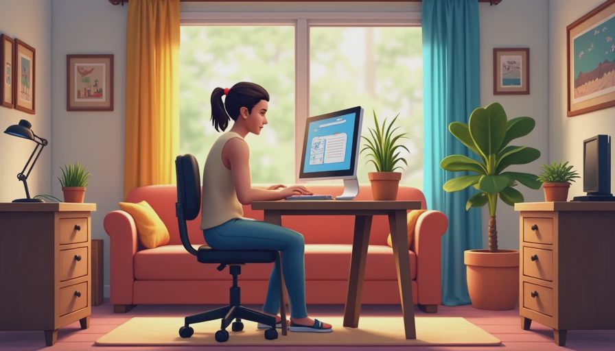 An in-game style illustration showing a Sim working flexibly from home in a cozy, well-managed living room setup.