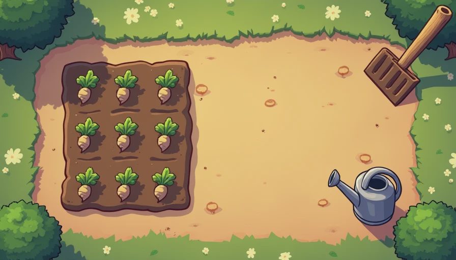 A clean, minimalist farm layout showing a small starter crop plot and basic tools to illustrate early-game energy management.