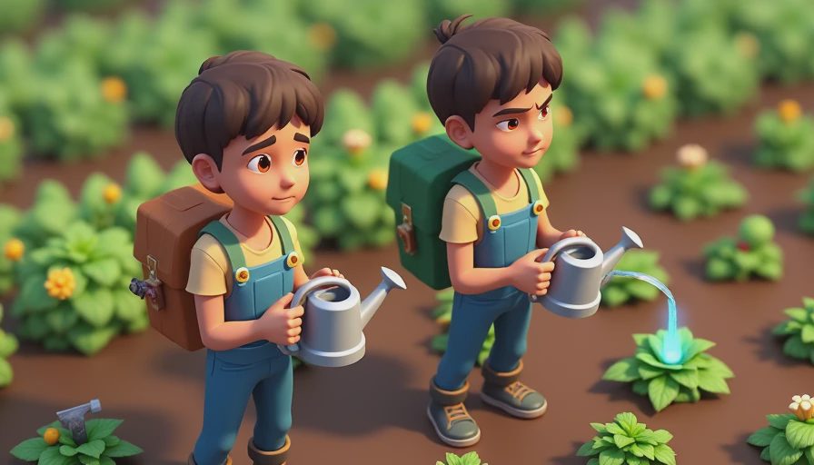 A side-by-side in-game comparison in Coral Island: a tired farmer using a basic watering can vs. an energetic farmer using a large-area, upgraded silver watering can on an organized farm.