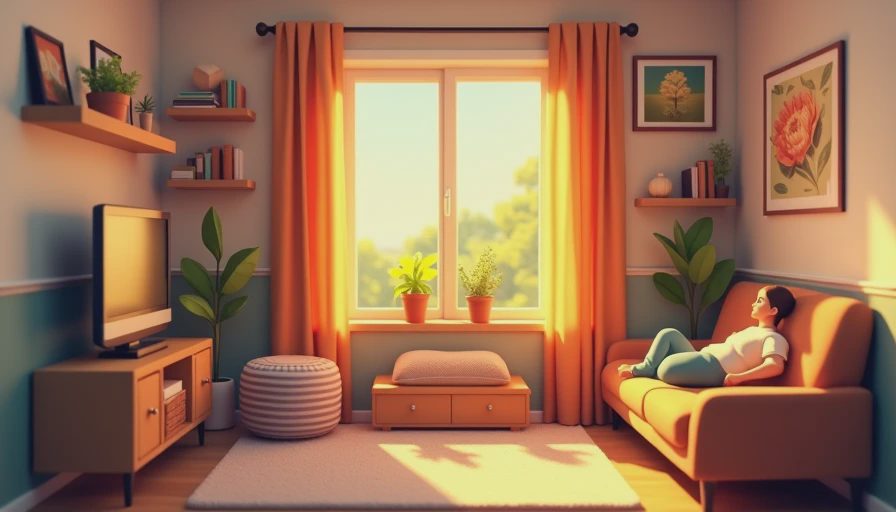 A warm, peaceful illustration of a cozy Sims home at sunset, reflecting a balanced and stress-free career routine.