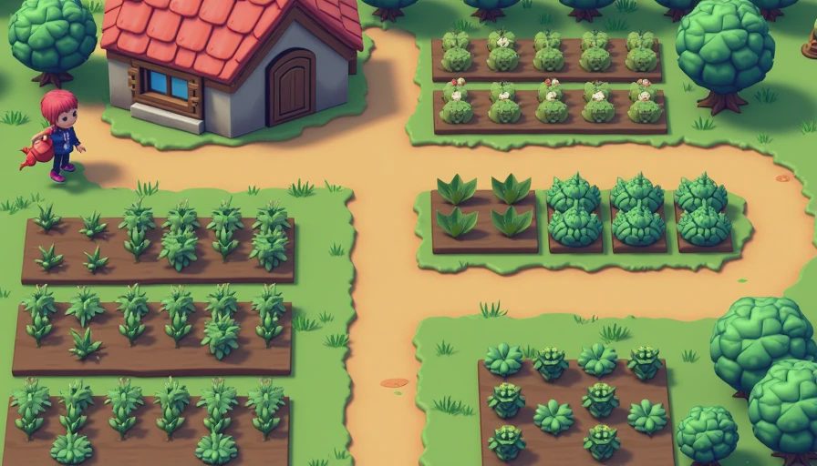 An in-game screenshot of an organized, small-scale Coral Island farm, showing neat rows of crops next to a tidy farmhouse, with the player character holding a watering can.