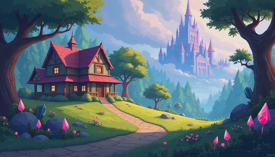 A whimsical, fantasy-style game illustration of a farm in Sun Haven surrounded by glowing plants, crystals, and magical buildings.