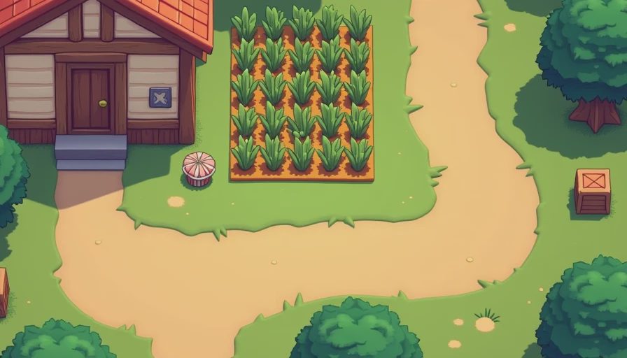 An in-game style illustration showing a small, practical starter crop plot near the farmhouse with clear walking paths and storage chests.