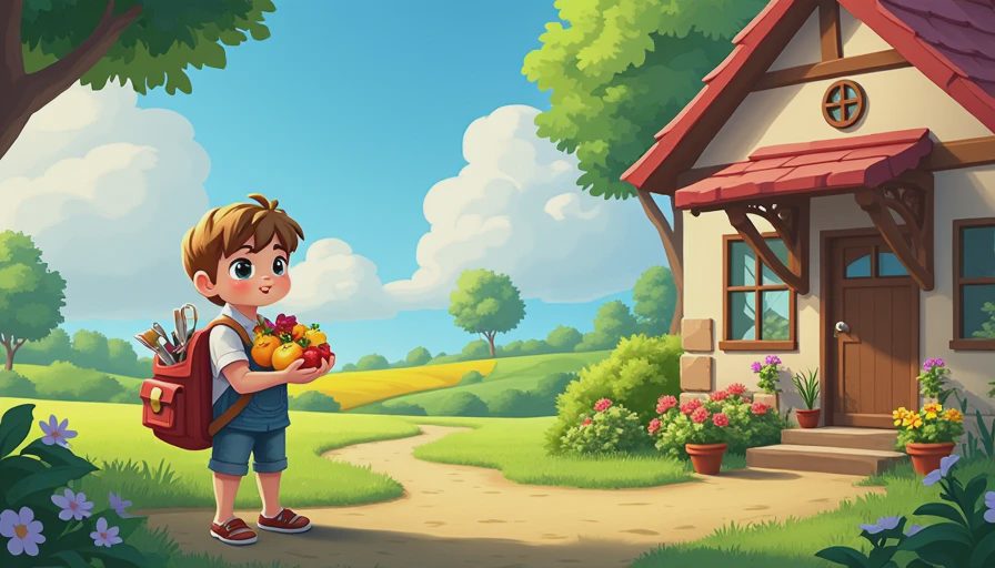 A relaxing in-game view of a player outside a cozy cabin with a simple, manageable farm, emphasizing a stress-free gameplay experience.