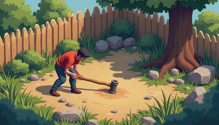 An in-game illustration showing a tired farmer struggling to clear a massive field full of weeds, logs, and rocks.
