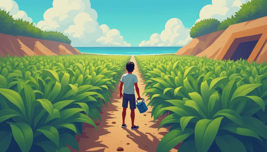 An in-game style illustration of a farmer holding an empty watering can before a massive, overwhelming crop field.