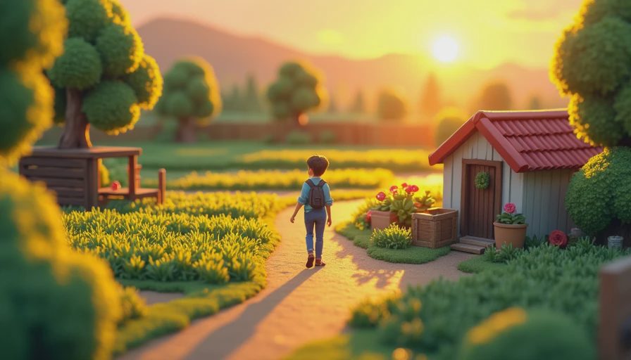 A warm, peaceful illustration of a small, manageable Stardew Valley farm at sunset, reflecting a stress-free gameplay rhythm.