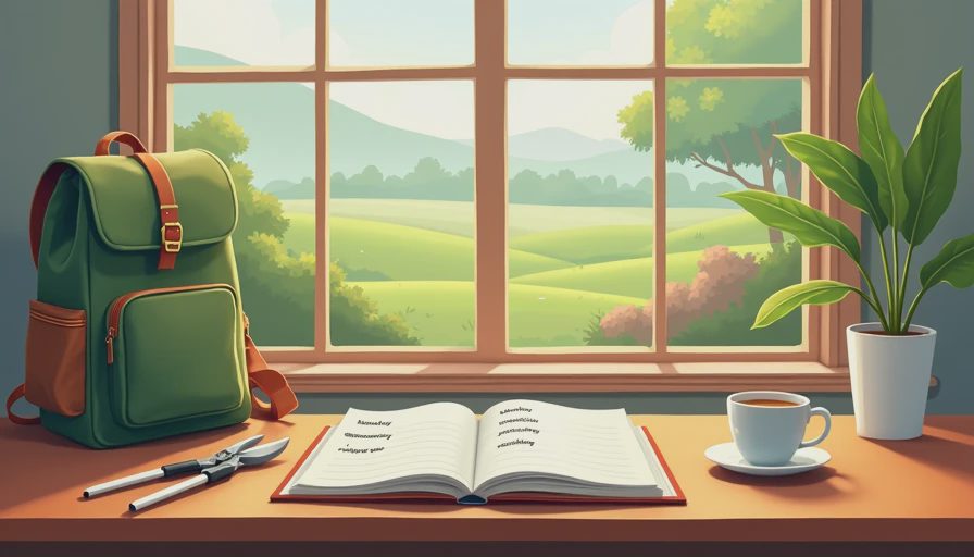 A clean, simple illustration of a farmer's weekly planner on a wooden desk with gardening tools, showing a calm, structured daily routine.