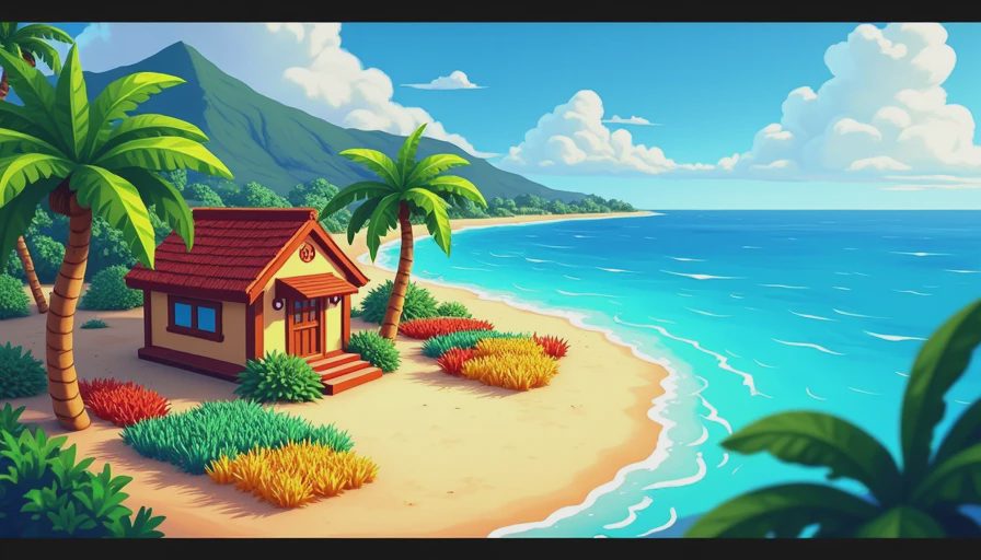 A vibrant game screenshot of a tropical farm in Coral Island with a beach view, palm trees, and colorful crops under bright sunlight.