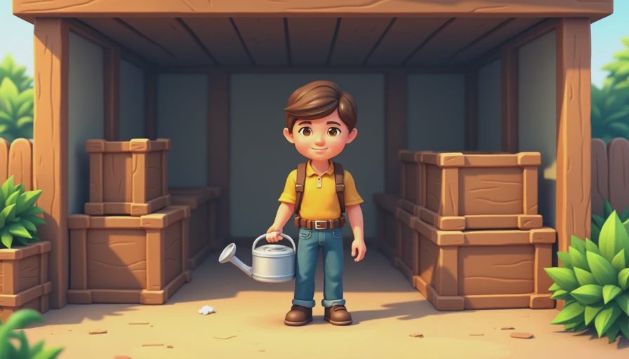 An in-game style illustration showing a well-organized Stardew Valley farm setup with upgraded tools and tidy storage chests.
