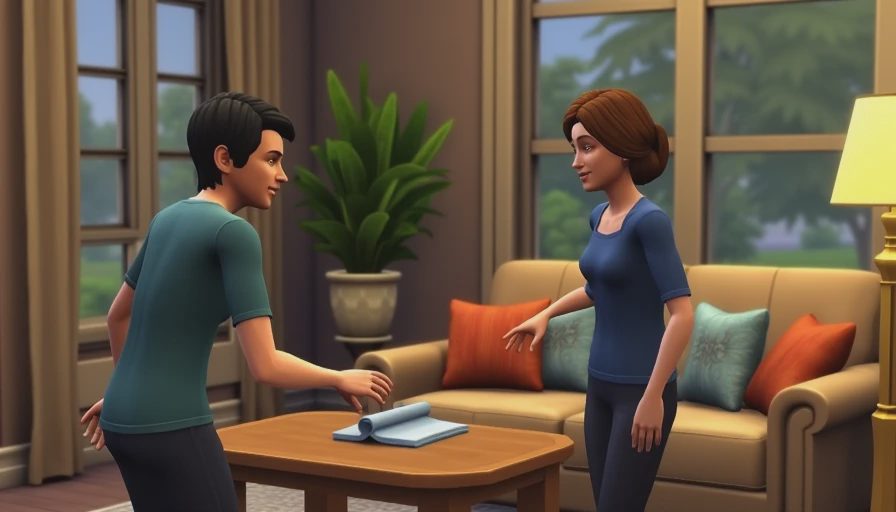 An in-game screenshot showing two Sims relaxing and chatting in a tidy, comfortable living room during the early evening.