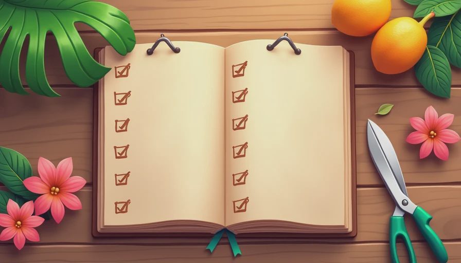 A simple daily checklist and a pair of gardening shears on a rustic wooden table with tropical flowers.
