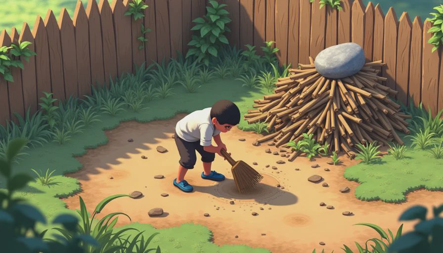An in-game style illustration showing a tired farmer struggling to clear a massive field full of weeds, logs, and stones.