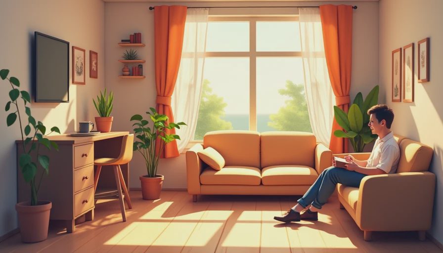 A warm, peaceful illustration of a small, well-managed Sims household enjoying a calm and stable daily routine.