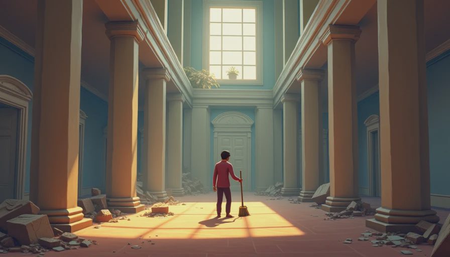 An in-game style illustration of a lonely Sim overwhelmed by a massive, oversized house that is difficult to maintain.