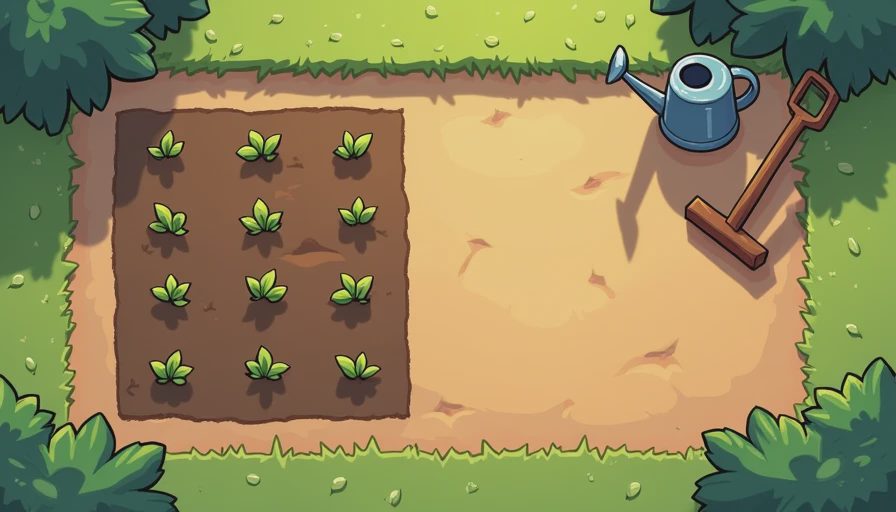 A clean, minimalist farm layout showing a small starter crop plot and basic tools to illustrate early-game energy management.