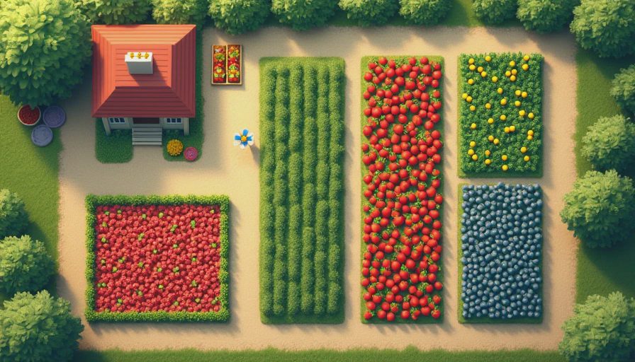 A cozy, orderly overhead view of a manageable Coral Island farm layout, featuring three neat crop plots, simple paths, a few beehives, an automatic sprinkler, and a small, tidy farmhouse.
